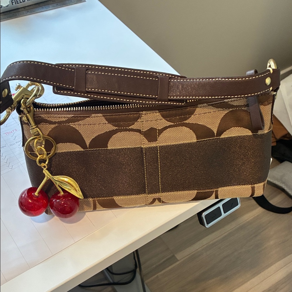 Coach Brown and Tan Shoulder Bag with Cherry Charm
